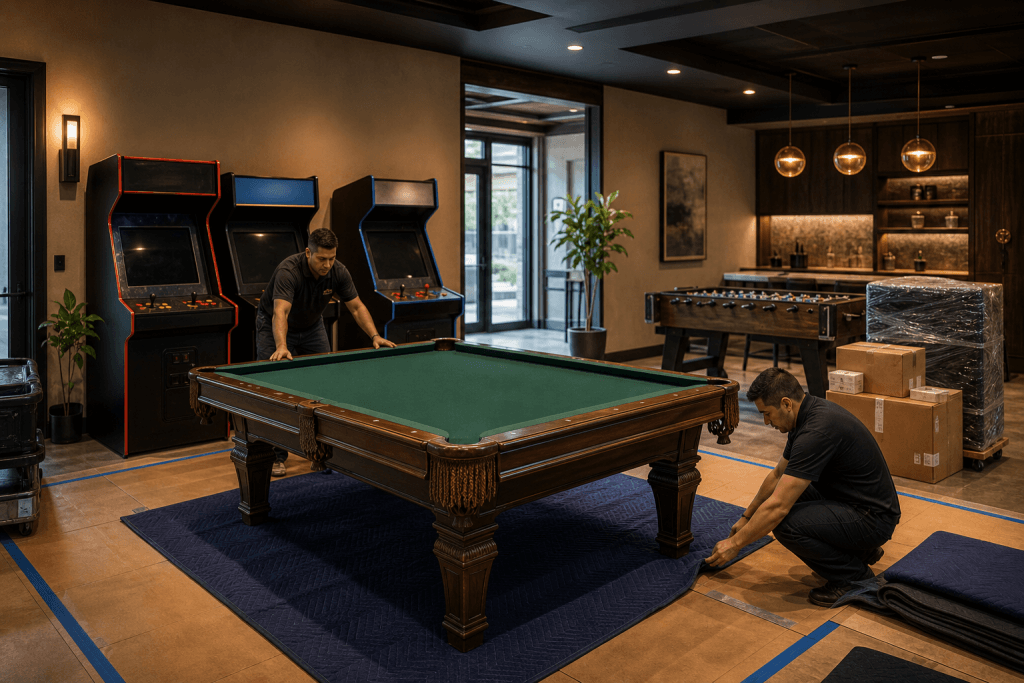 Pool table and arcade products arranged in a finished recreation room.