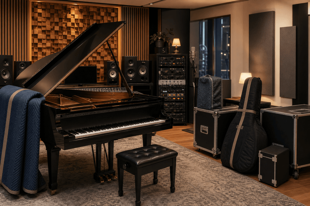 Grand piano and studio equipment arranged in a finished recording room for careful delivery planning.
