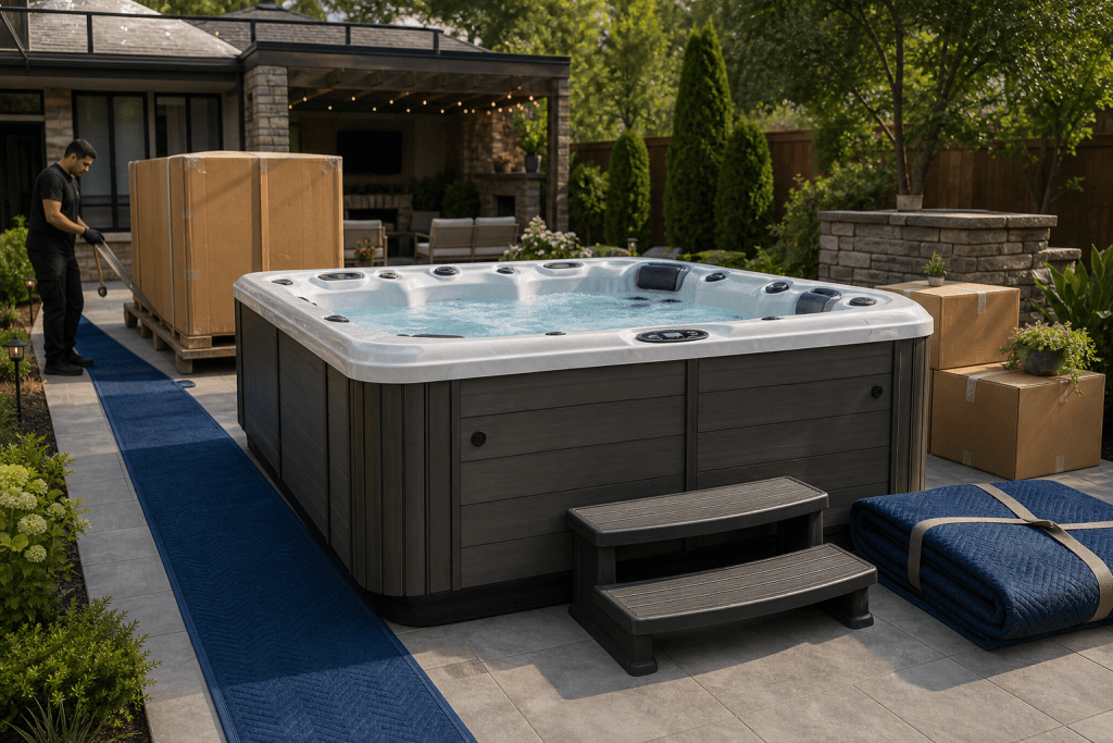 Large spa placed in a finished backyard with protected access path and boxed accessories nearby.