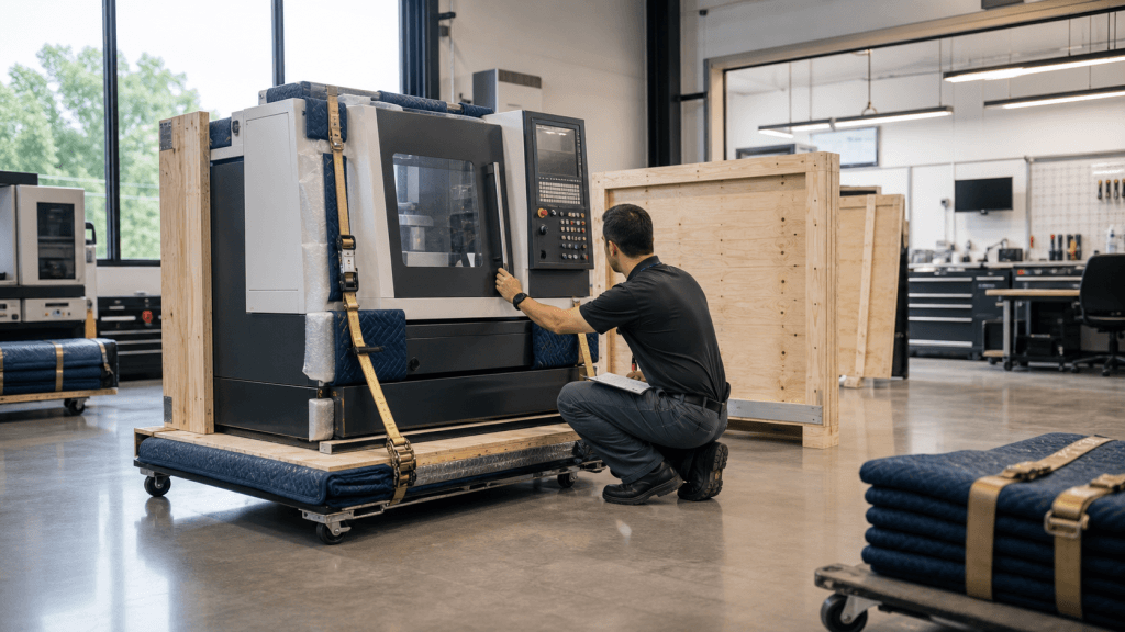 Compact commercial machine protected with moving pads and straps inside a clean facility.
