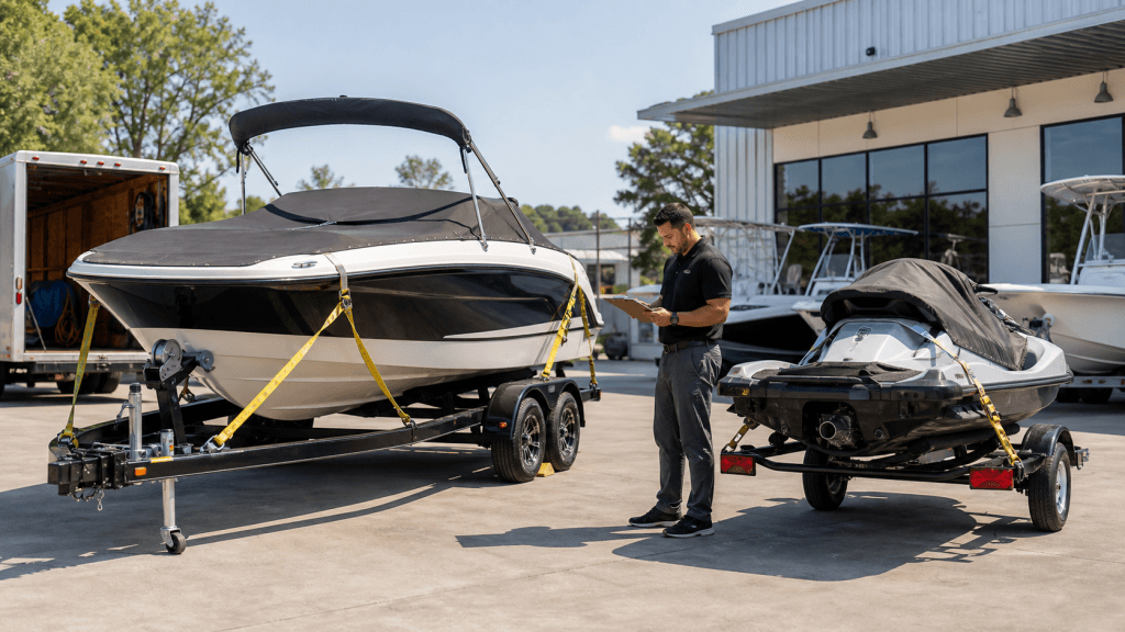 Boat and jet ski secured on trailers in a commercial delivery staging area.