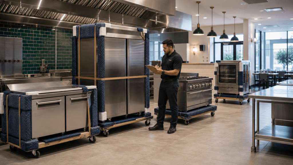 Commercial kitchen equipment protected on dollies inside a finished restaurant kitchen.