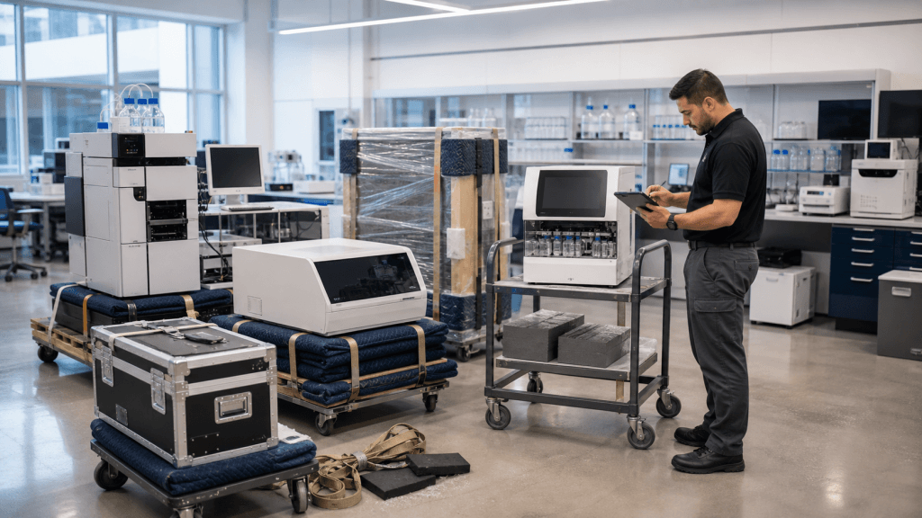 Laboratory instruments and sensitive equipment staged on carts with protective blankets in a clean lab.