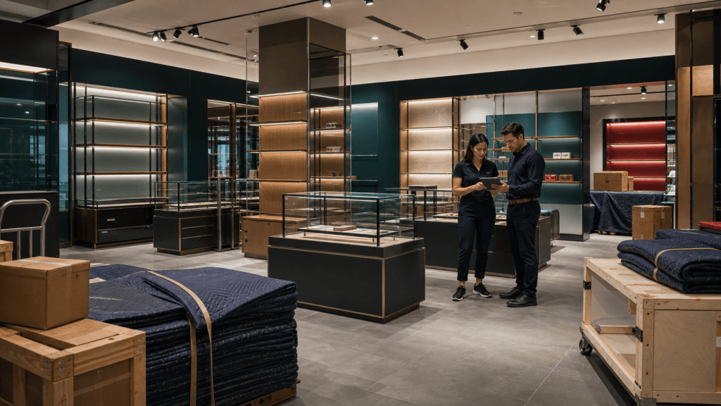 Retail display fixtures, glass cases, crates, and moving blankets staged inside a finished showroom.